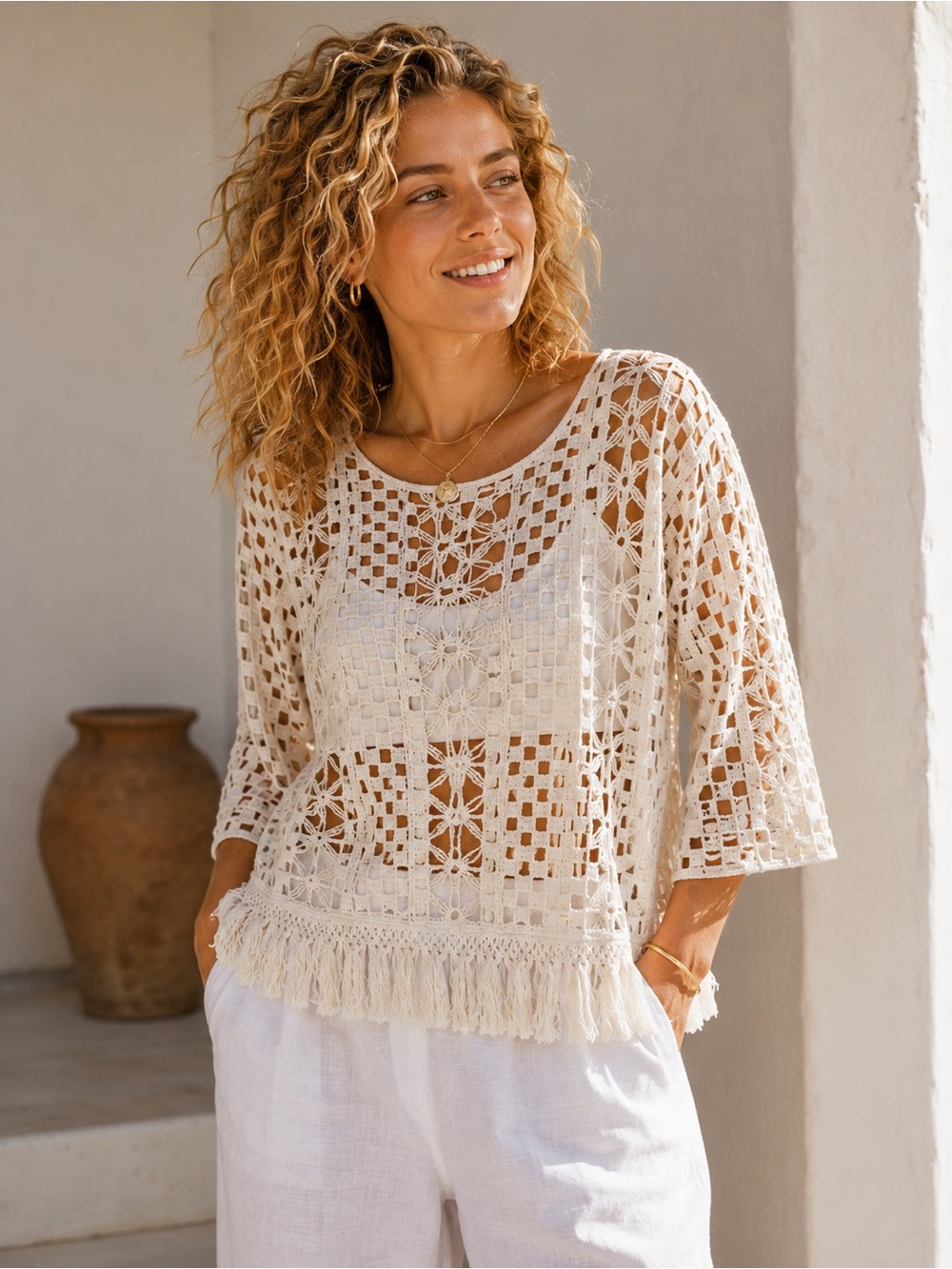 Crochet Fringe Openwork Long Sleeve Top - Cream - M